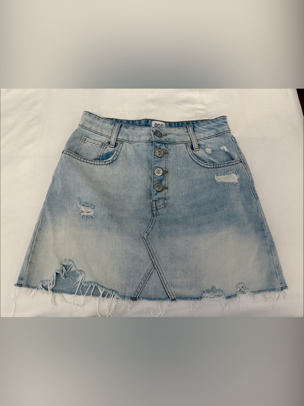 BDG Light Blue Distressed Denim Shorts with Button-Front